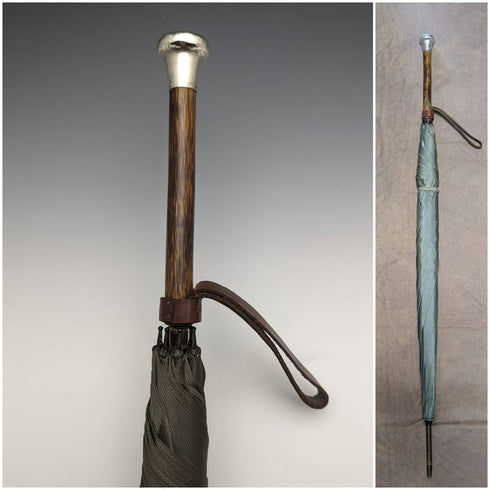 1919年 英国アンティーク 紳士用ブアンブレラ グリーン 純銀製 丸ハンドル 87cm